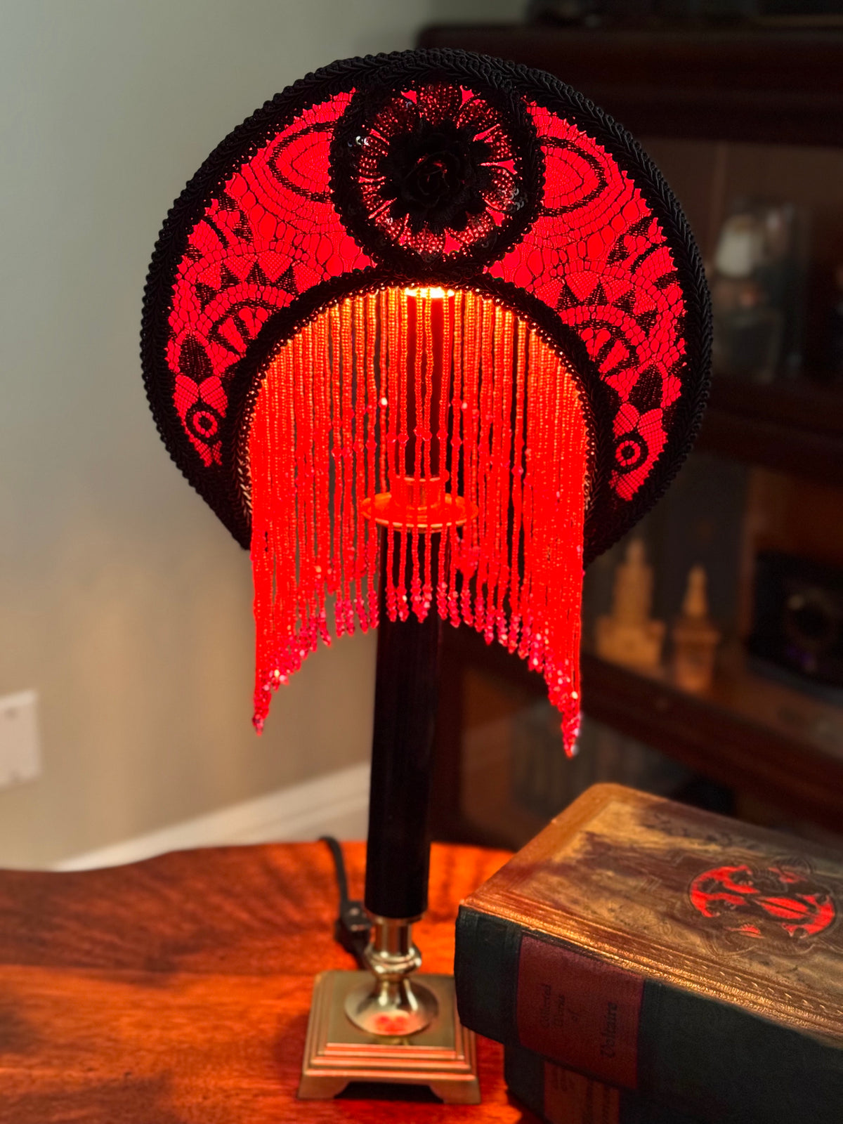 Crescent Red & Black Lace Boudoir Lamp