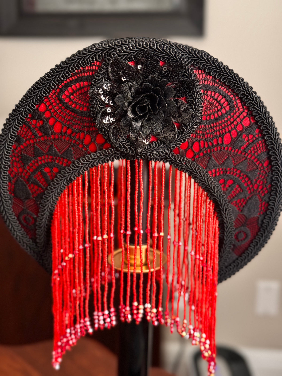 Crescent Red & Black Lace Boudoir Lamp